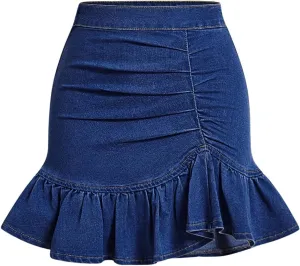 Floerns Women's Denim Skirts Ruffle Hem Short Skirts Ruched Bodycon Mini Skirts