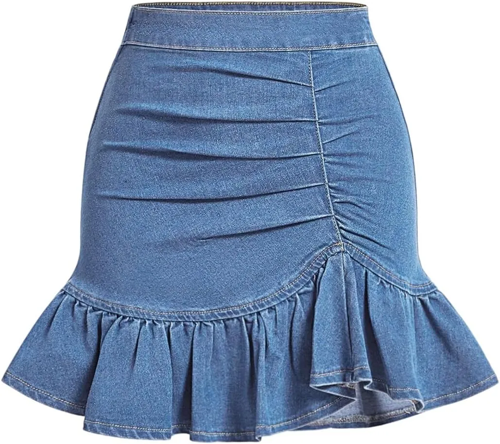 Floerns Women's Denim Skirts Ruffle Hem Short Skirts Ruched Bodycon Mini Skirts