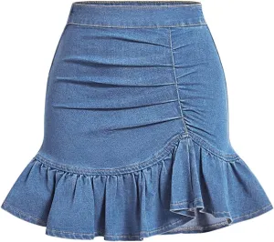 Floerns Women's Denim Skirts Ruffle Hem Short Skirts Ruched Bodycon Mini Skirts