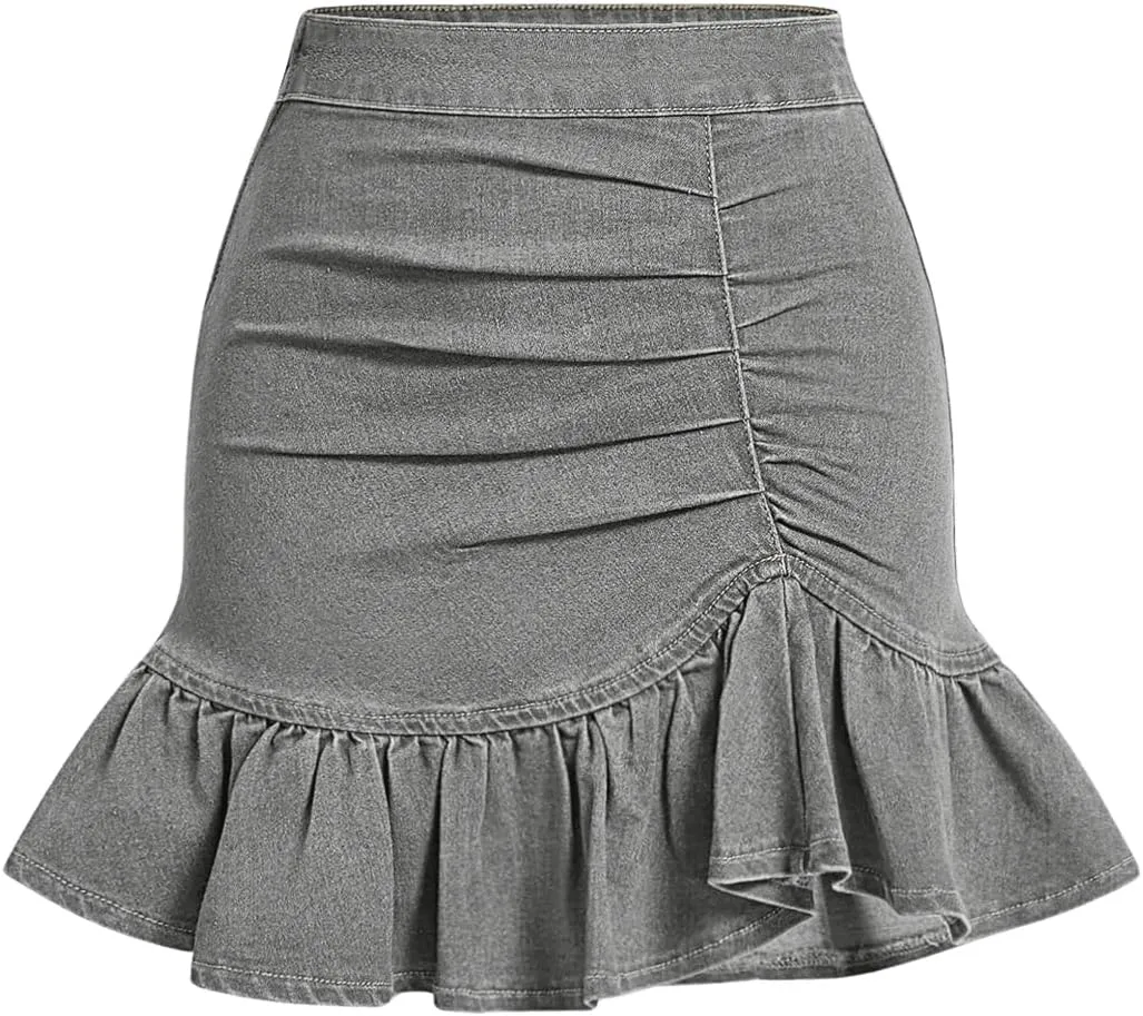 Floerns Women's Denim Skirts Ruffle Hem Short Skirts Ruched Bodycon Mini Skirts