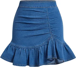 Floerns Women's Denim Skirts Ruffle Hem Short Skirts Ruched Bodycon Mini Skirts