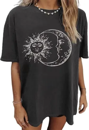 Flower Graphic Oversize Tshirt Women Vintage Wildflowers T-Shirts Sun and Moon Vacation Tee Summer Casual Loose Tee Top
