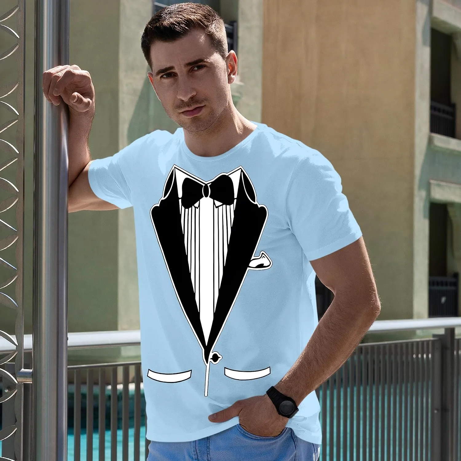 fresh tees Unisex Tuxedo Shirt | Classic Party Humor Vintage Tee | Tux with Bowtie&Pockets | Funny T-Shirt for Men/Women