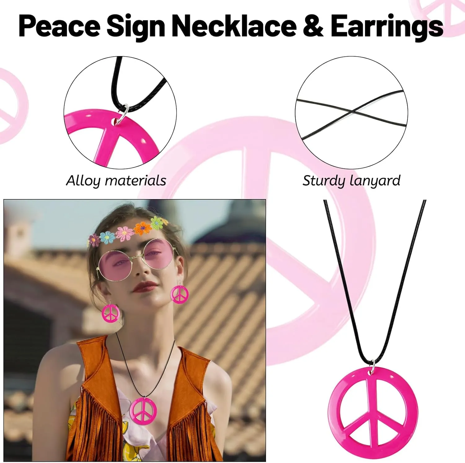 FunMular 60s 70s Outfits for Women Disco Hippie Costume Clothes Woman Peace Sign Earring Headband Fringe Vest Tassel Cardigan