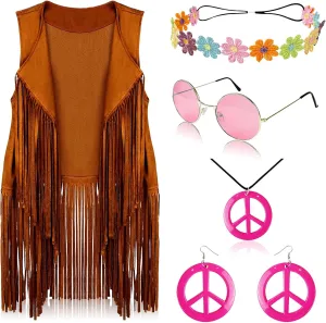 FunMular 60s 70s Outfits for Women Disco Hippie Costume Clothes Woman Peace Sign Earring Headband Fringe Vest Tassel Cardigan