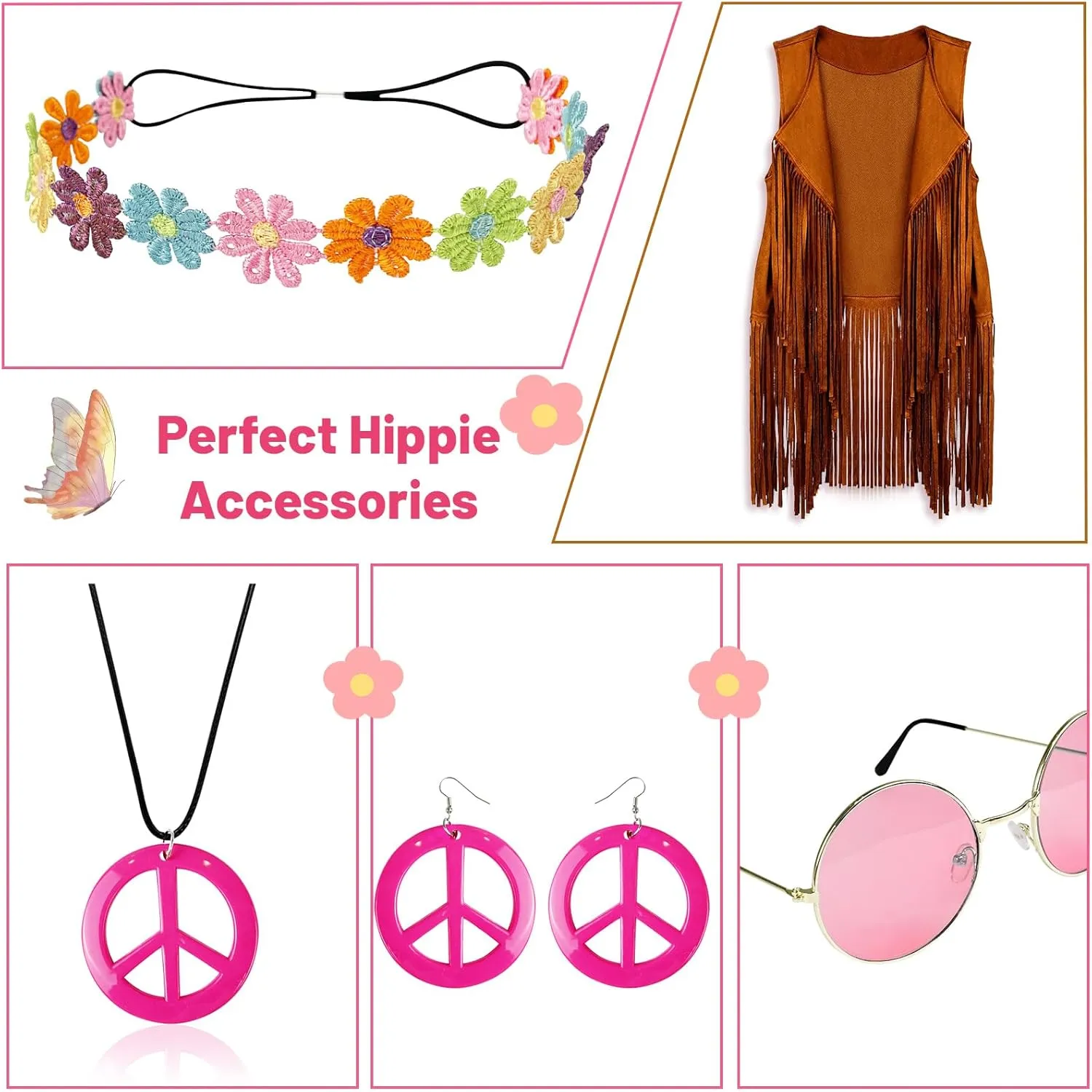 FunMular 60s 70s Outfits for Women Disco Hippie Costume Clothes Woman Peace Sign Earring Headband Fringe Vest Tassel Cardigan