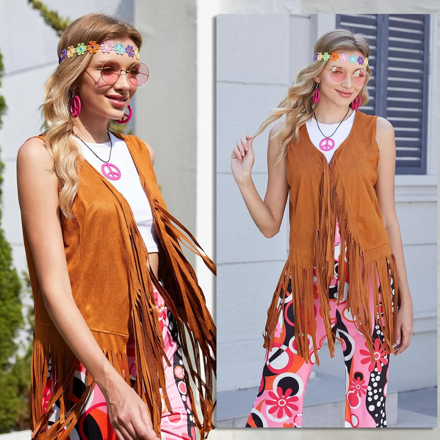 FunMular 60s 70s Outfits for Women Disco Hippie Costume Clothes Woman Peace Sign Earring Headband Fringe Vest Tassel Cardigan