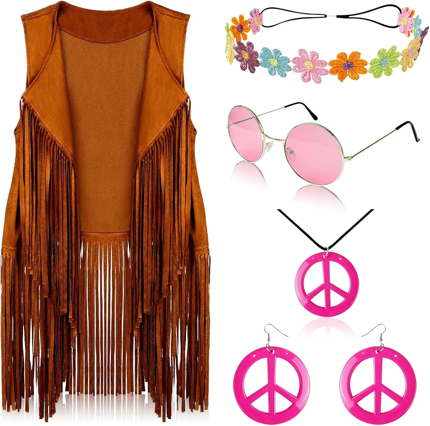 FunMular 60s 70s Outfits for Women Disco Hippie Costume Clothes Woman Peace Sign Earring Headband Fringe Vest Tassel Cardigan