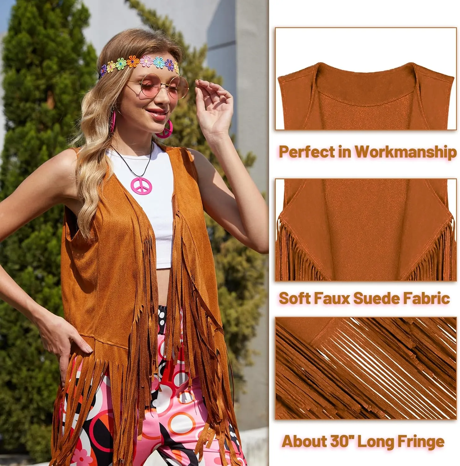 FunMular 60s 70s Outfits for Women Disco Hippie Costume Clothes Woman Peace Sign Earring Headband Fringe Vest Tassel Cardigan