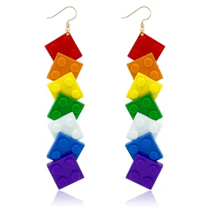 Funny Free Combination Toy Bricks Earrings for Women Girls, Colorful Acrylic Building Block Drop Dangle Earrings, Unisex Pride Earrings Rainbow Jewelry Outfits Accessories Gifts