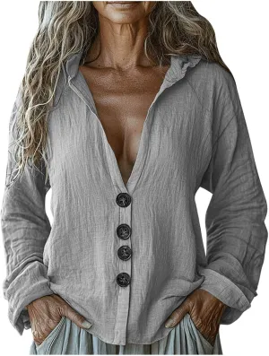 Gauze Shirts for Women Button Down Long Sleeve Hooded Tops Lightweight Breathable Loose Casual V Neck Hoodies Blouses