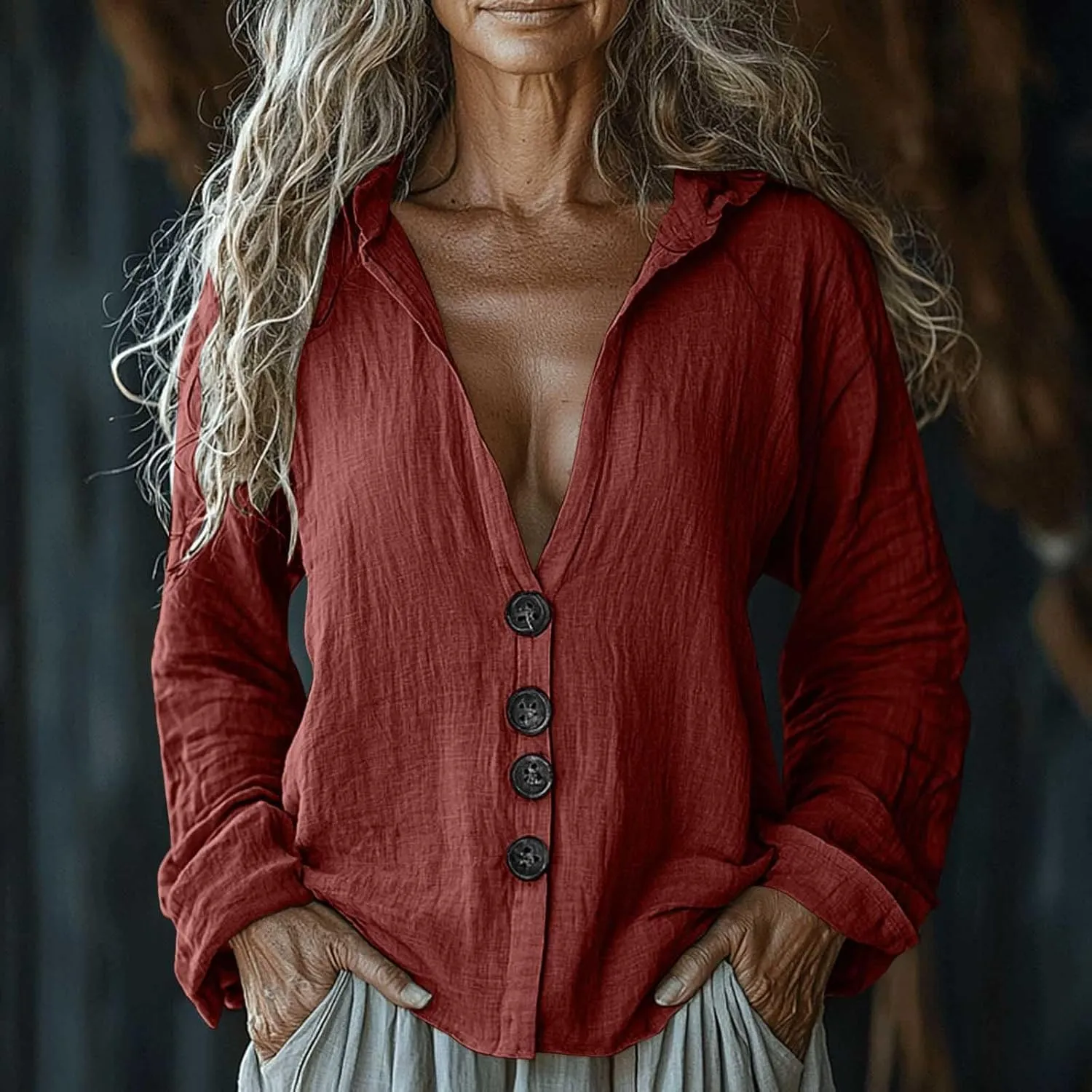 Gauze Shirts for Women Button Down Long Sleeve Hooded Tops Lightweight Breathable Loose Casual V Neck Hoodies Blouses