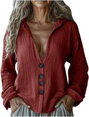 Gauze Shirts for Women Button Down Long Sleeve Hooded Tops Lightweight Breathable Loose Casual V Neck Hoodies Blouses