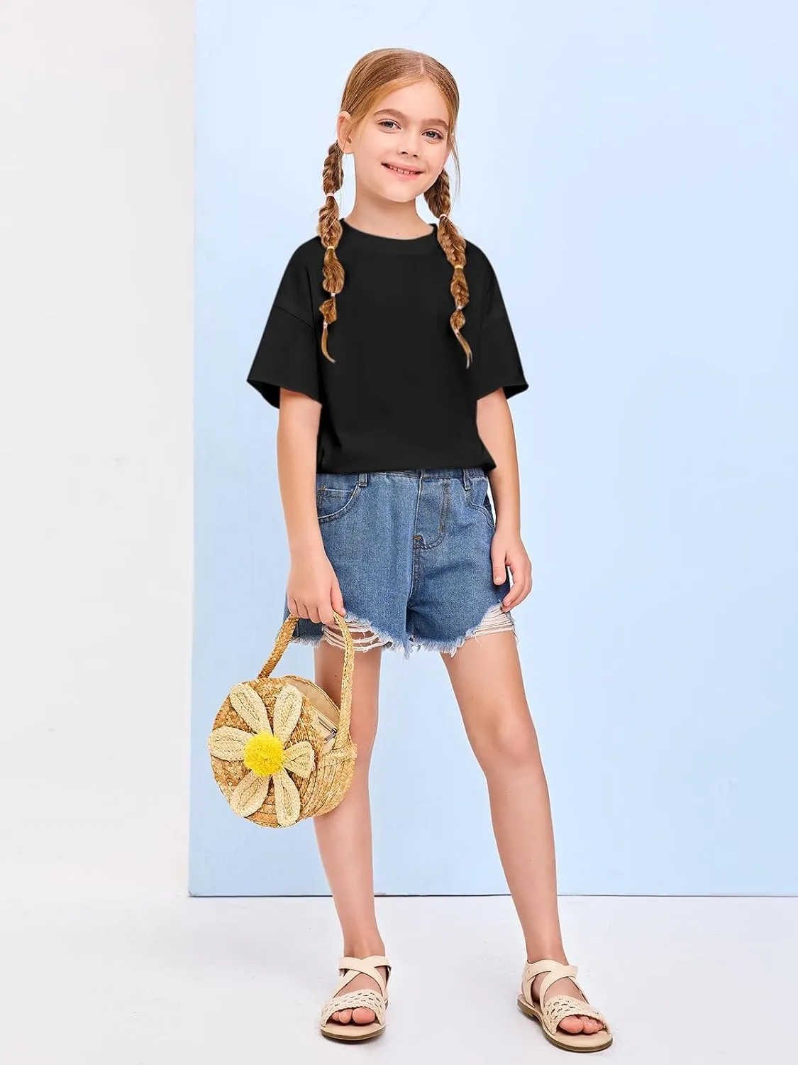 Girls Fashion Raw Hem Oversized T Shirts Summer Short Sleeve Tops Tees Shirt 5-14 Years
