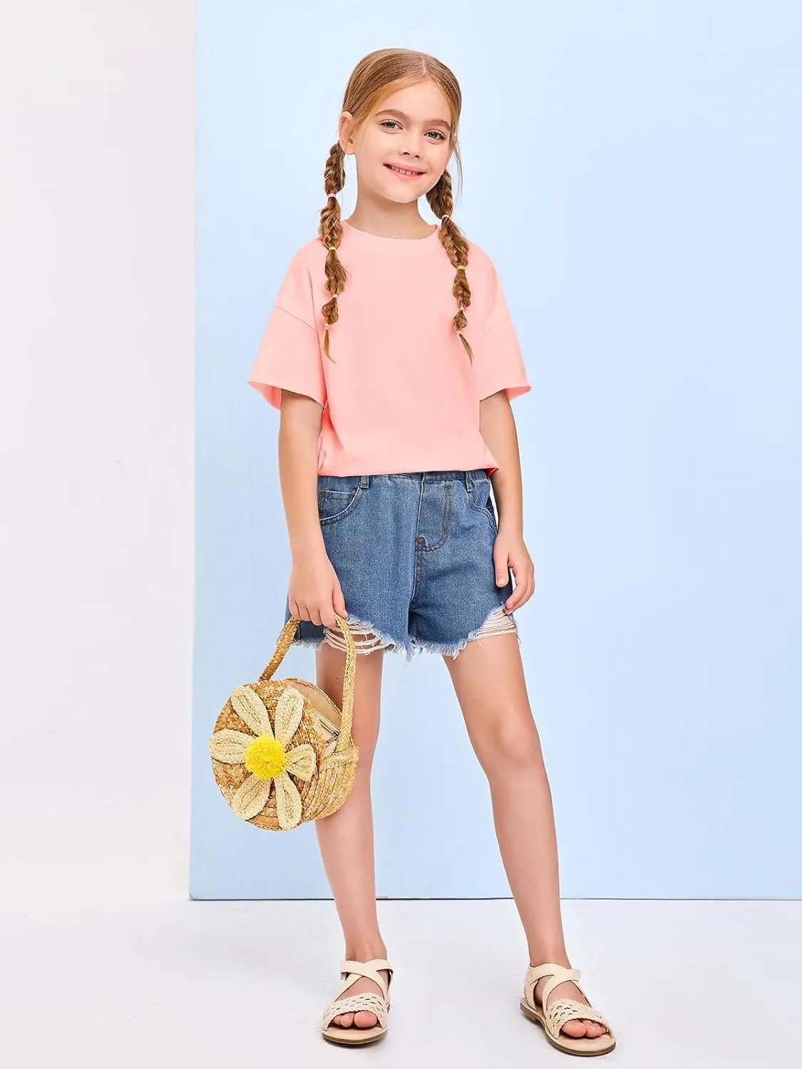 Girls Fashion Raw Hem Oversized T Shirts Summer Short Sleeve Tops Tees Shirt 5-14 Years