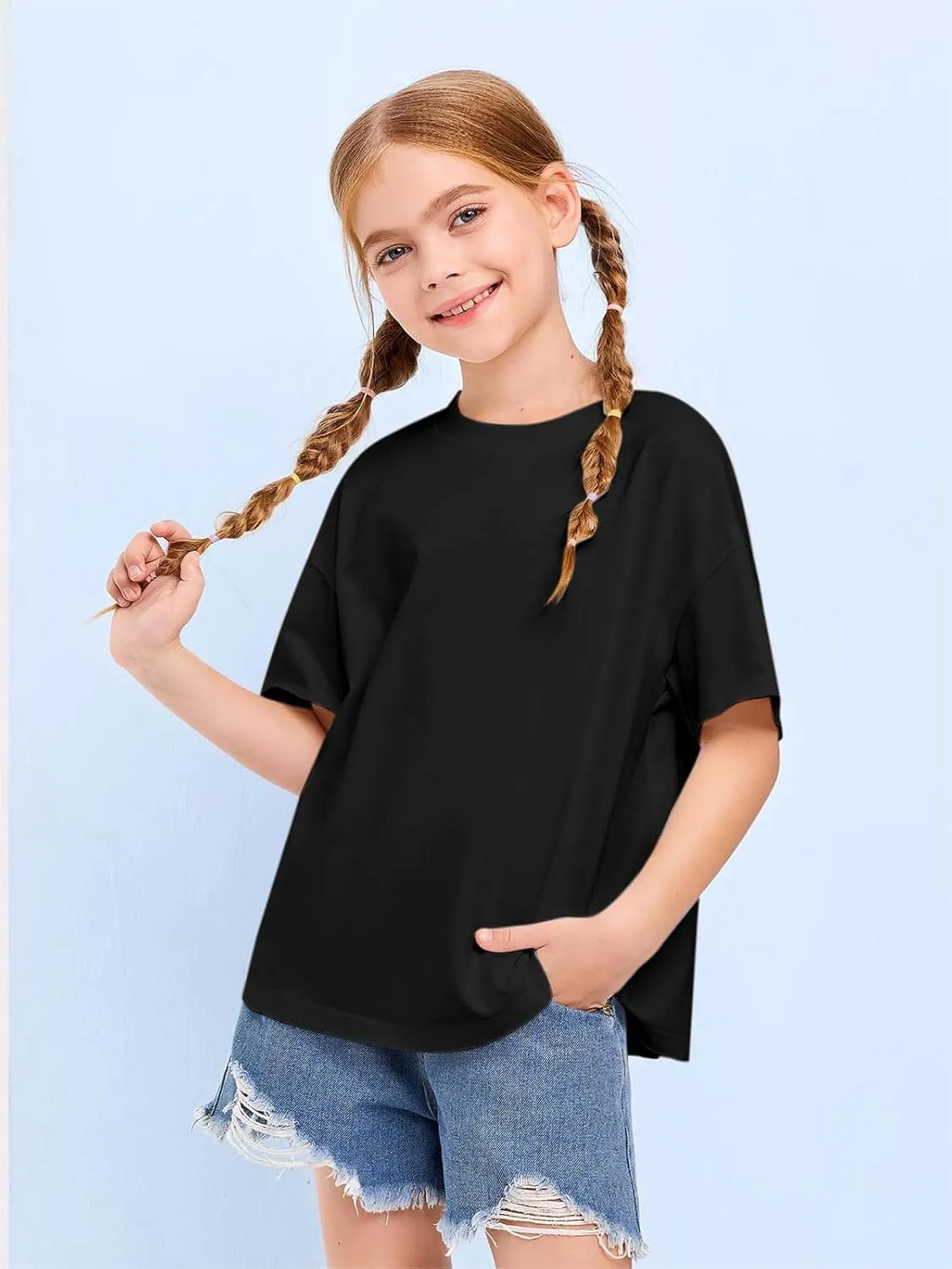 Girls Fashion Raw Hem Oversized T Shirts Summer Short Sleeve Tops Tees Shirt 5-14 Years