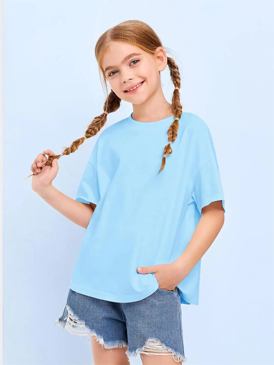 Girls Fashion Raw Hem Oversized T Shirts Summer Short Sleeve Tops Tees Shirt 5-14 Years