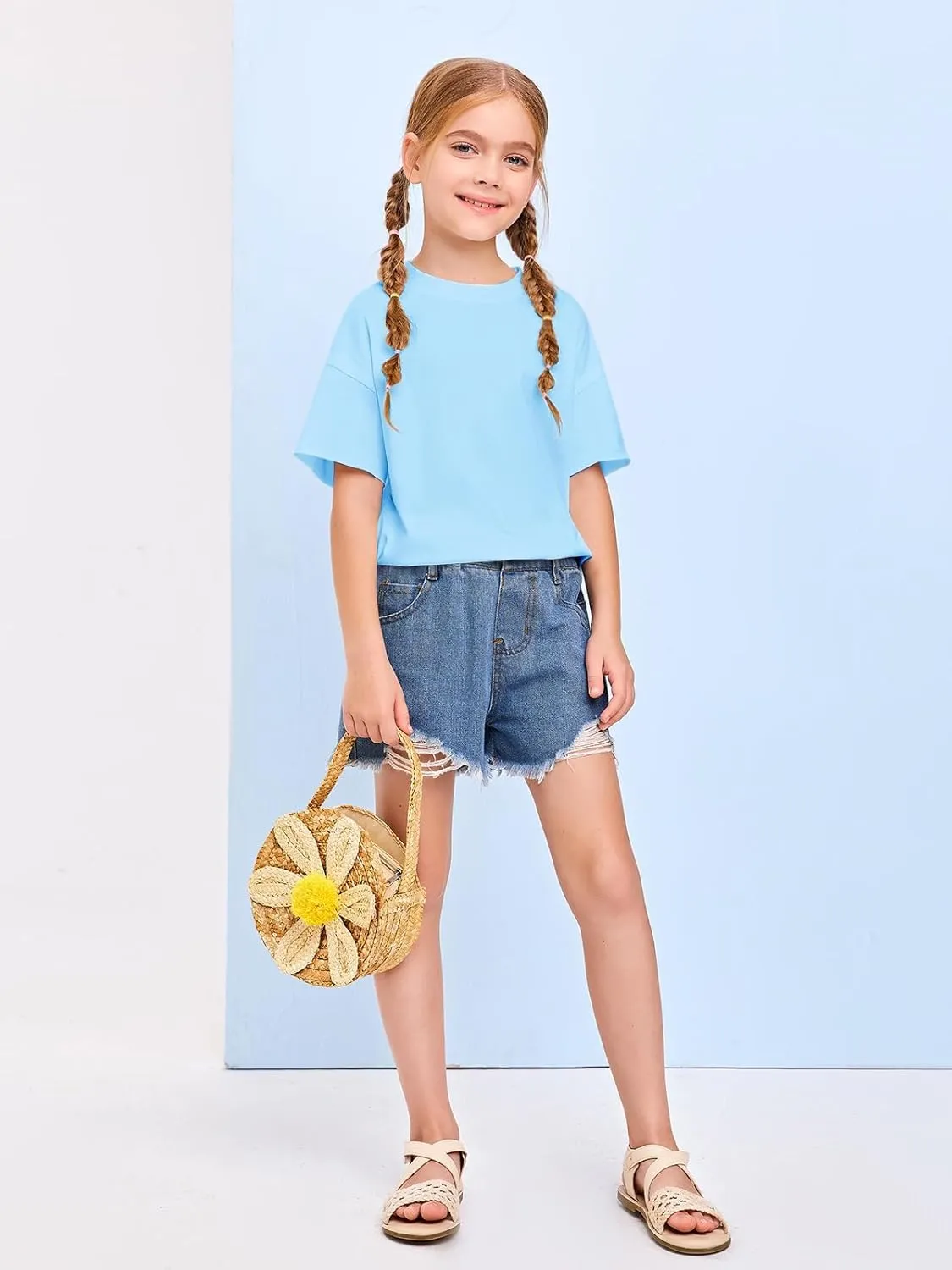 Girls Fashion Raw Hem Oversized T Shirts Summer Short Sleeve Tops Tees Shirt 5-14 Years
