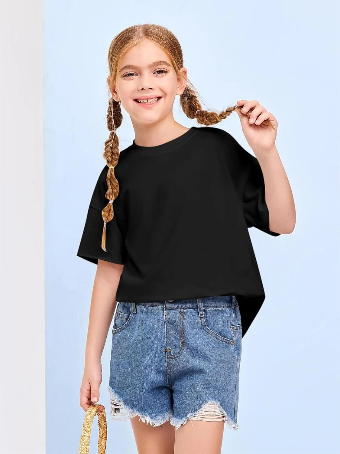 Girls Fashion Raw Hem Oversized T Shirts Summer Short Sleeve Tops Tees Shirt 5-14 Years