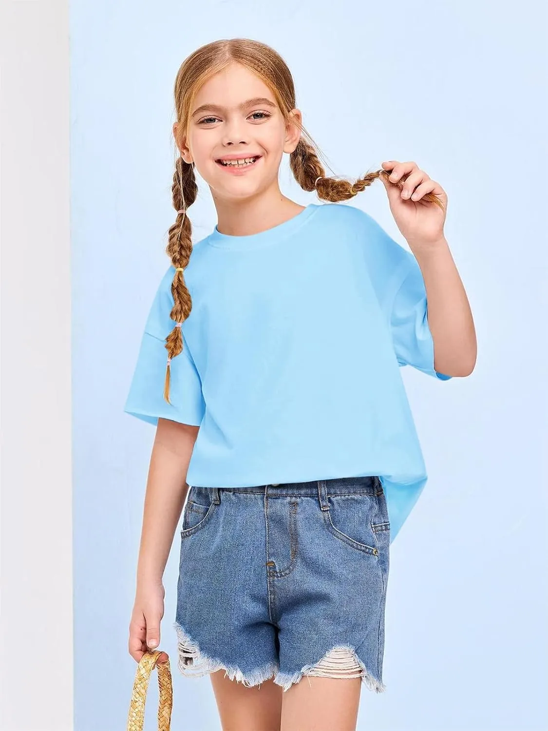 Girls Fashion Raw Hem Oversized T Shirts Summer Short Sleeve Tops Tees Shirt 5-14 Years
