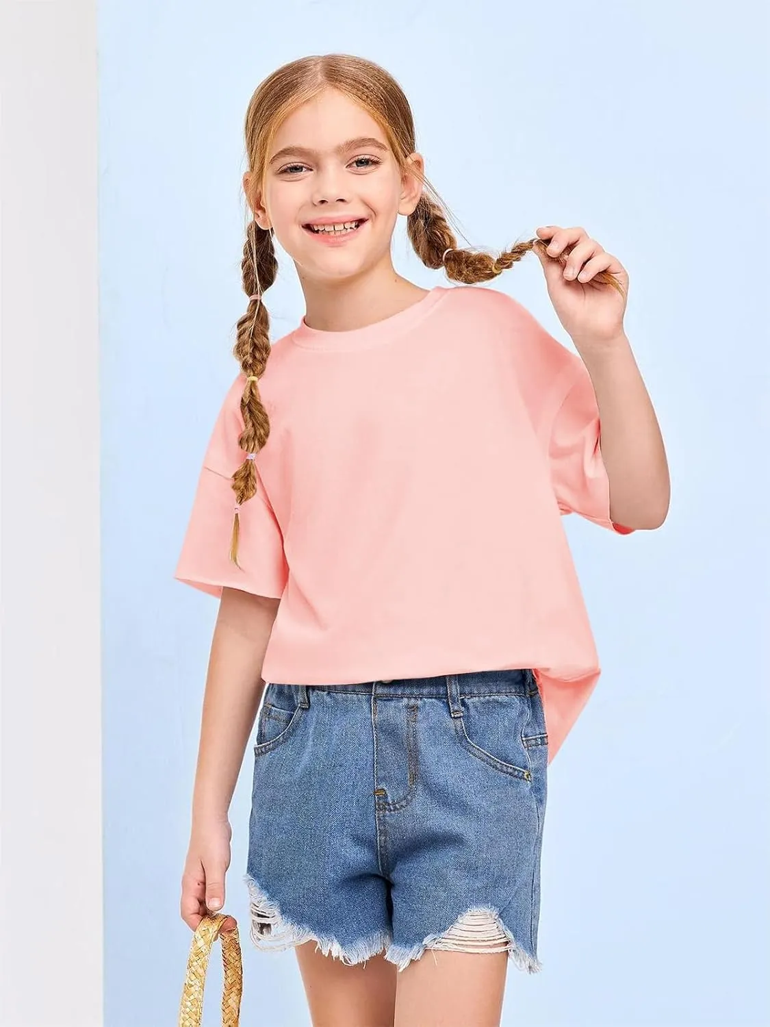 Girls Fashion Raw Hem Oversized T Shirts Summer Short Sleeve Tops Tees Shirt 5-14 Years