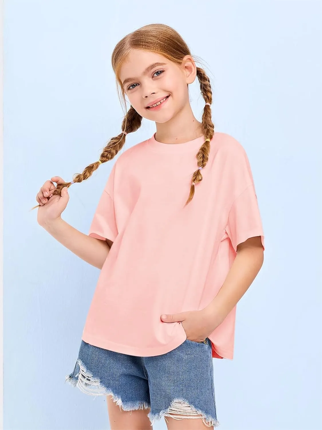 Girls Fashion Raw Hem Oversized T Shirts Summer Short Sleeve Tops Tees Shirt 5-14 Years