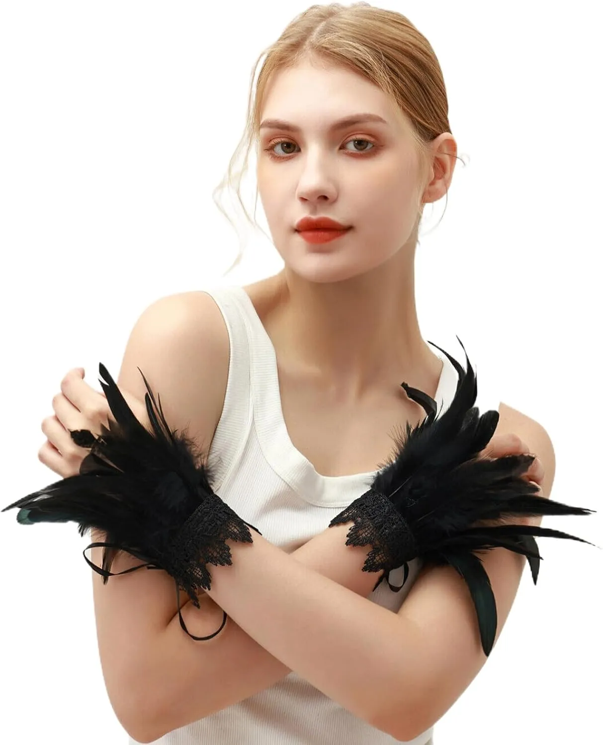 Gothic Black Feather Cuff Bracelet Wrists Adjustable Straps for Carnival Costume,Halloween,Cosplay Party Accessories