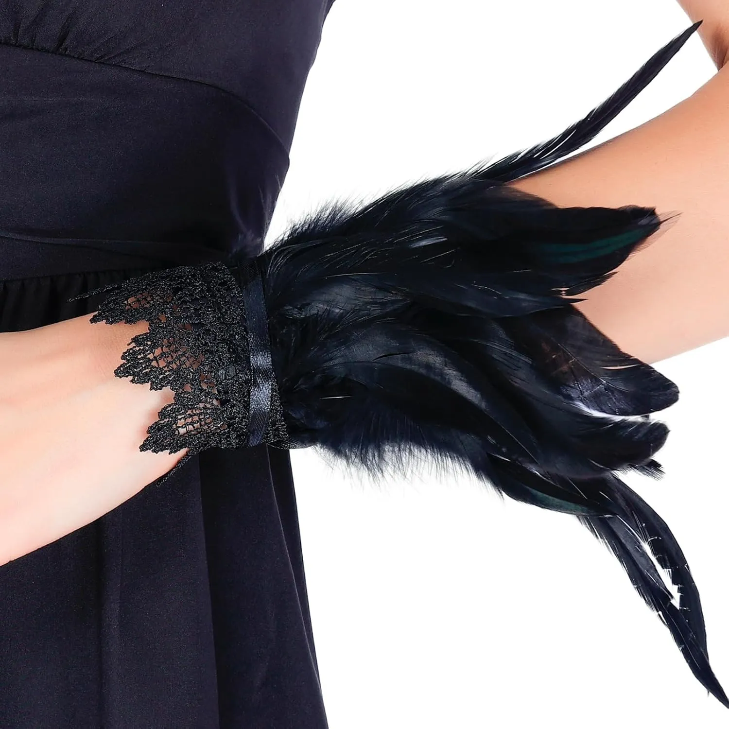 Gothic Black Feather Cuff Bracelet Wrists Adjustable Straps for Carnival Costume,Halloween,Cosplay Party Accessories