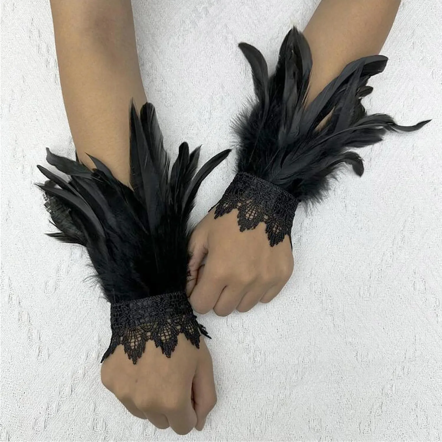 Gothic Black Feather Cuff Bracelet Wrists Adjustable Straps for Carnival Costume,Halloween,Cosplay Party Accessories