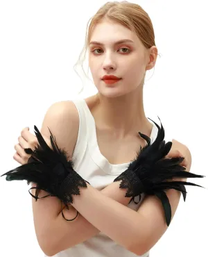 Gothic Black Feather Cuff Bracelet Wrists Adjustable Straps for Carnival Costume,Halloween,Cosplay Party Accessories
