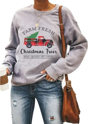 GOWONE Women Farm Fresh Christmas Plaid Trees Sweatshirt Xmas Tree Graphic Funny Holiday Pullover Top