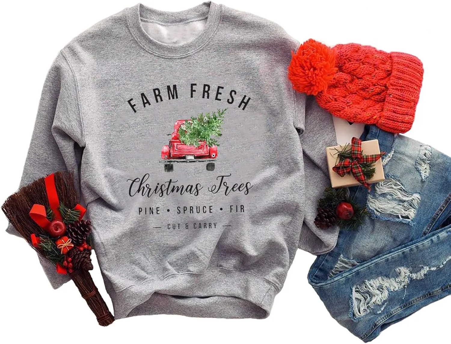 GOWONE Women Farm Fresh Christmas Plaid Trees Sweatshirt Xmas Tree Graphic Funny Holiday Pullover Top