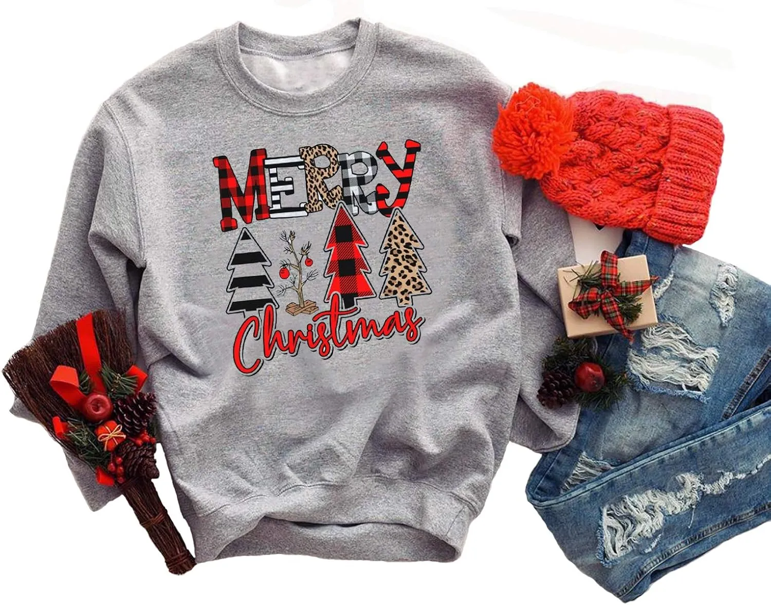 GOWONE Women Farm Fresh Christmas Plaid Trees Sweatshirt Xmas Tree Graphic Funny Holiday Pullover Top