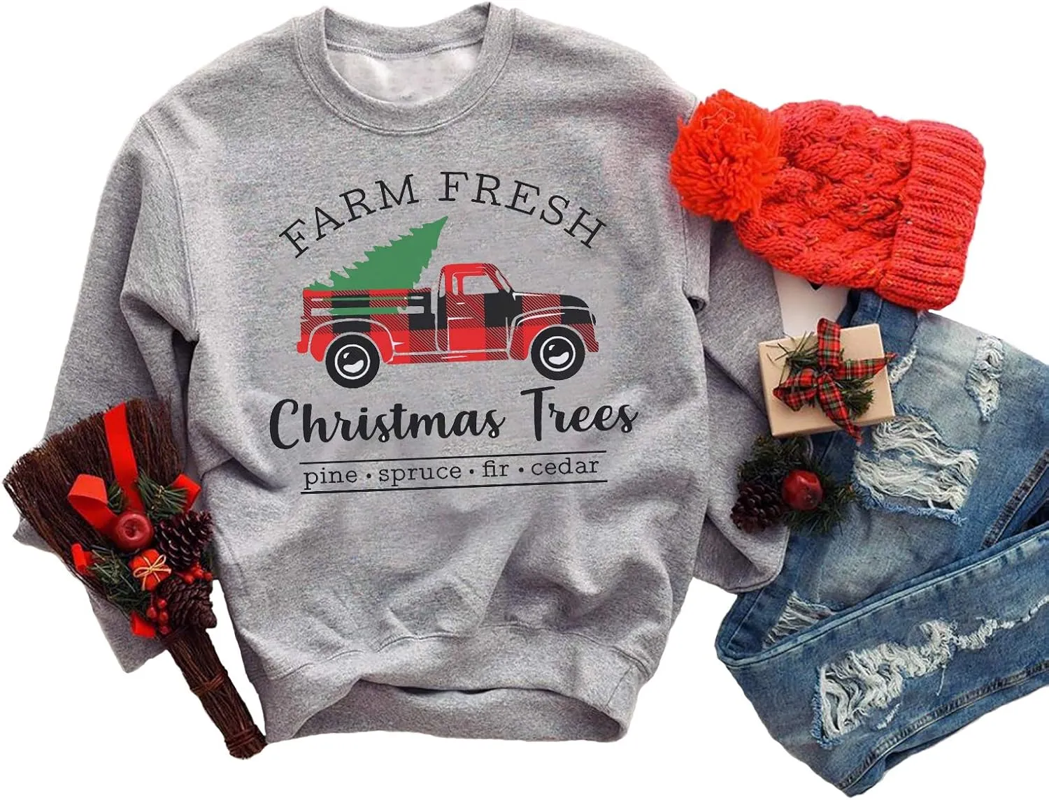 GOWONE Women Farm Fresh Christmas Plaid Trees Sweatshirt Xmas Tree Graphic Funny Holiday Pullover Top