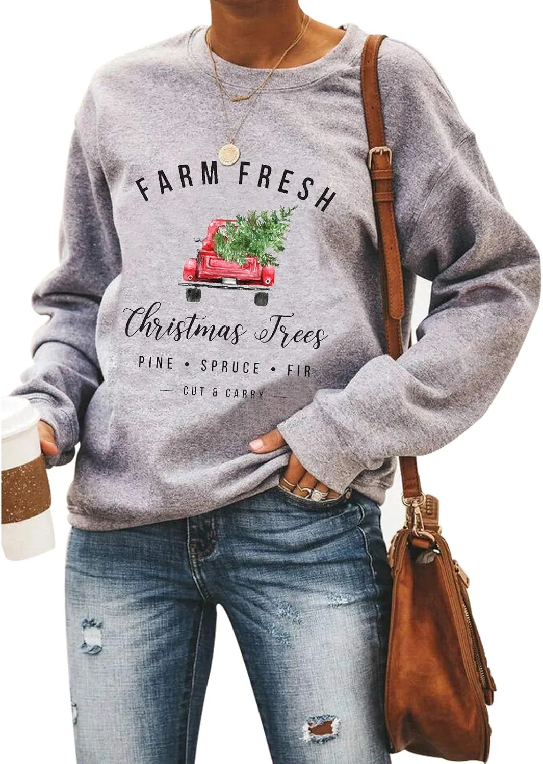 GOWONE Women Farm Fresh Christmas Plaid Trees Sweatshirt Xmas Tree Graphic Funny Holiday Pullover Top