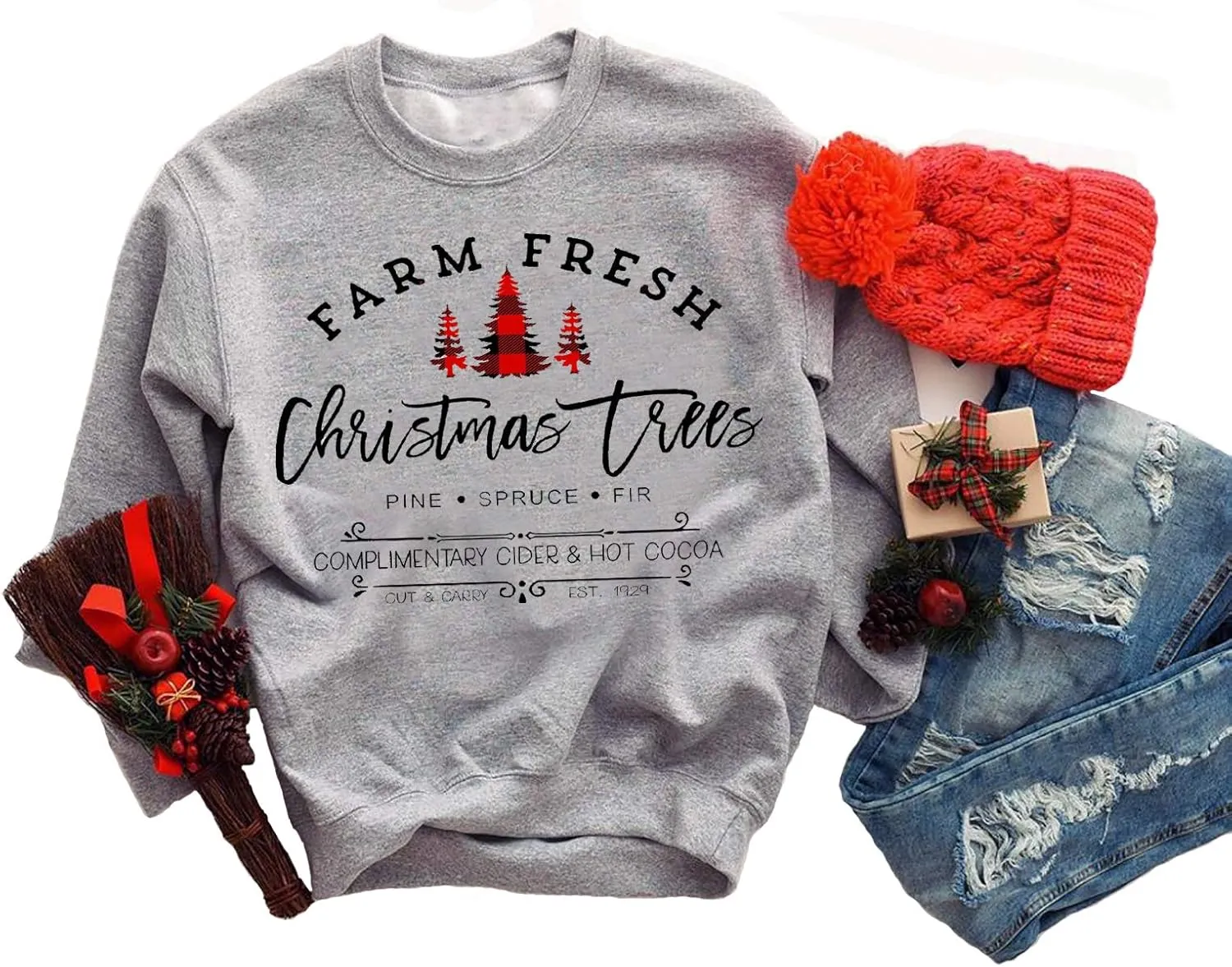 GOWONE Women Farm Fresh Christmas Plaid Trees Sweatshirt Xmas Tree Graphic Funny Holiday Pullover Top
