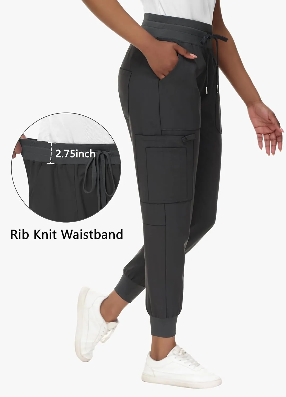 High Waisted Jogger Style Scrub Pants for Women - 8 Pockets Medical Bottoms Tapered Yoga Waistband Ribbed Ankle Cuffs