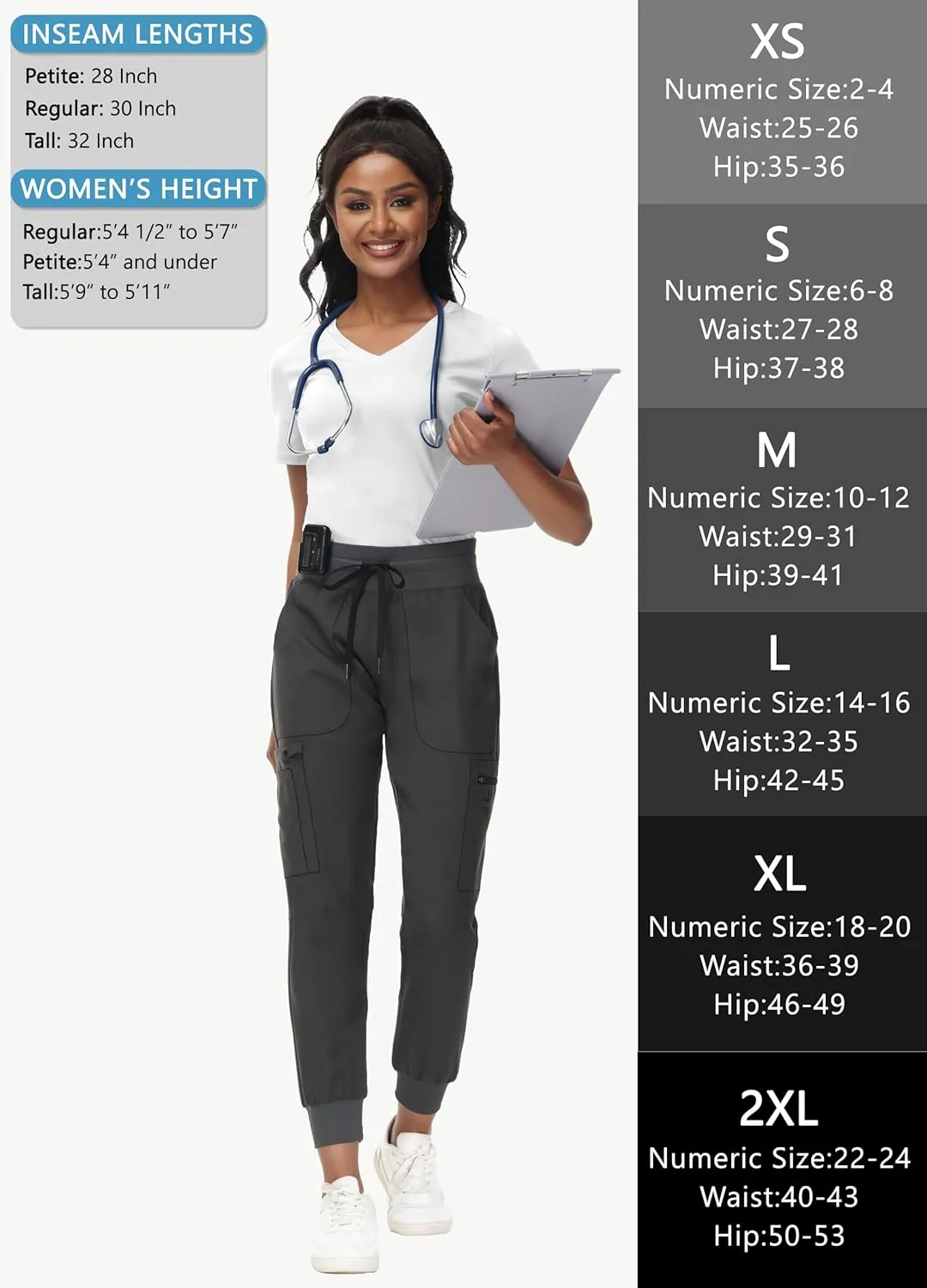 High Waisted Jogger Style Scrub Pants for Women - 8 Pockets Medical Bottoms Tapered Yoga Waistband Ribbed Ankle Cuffs