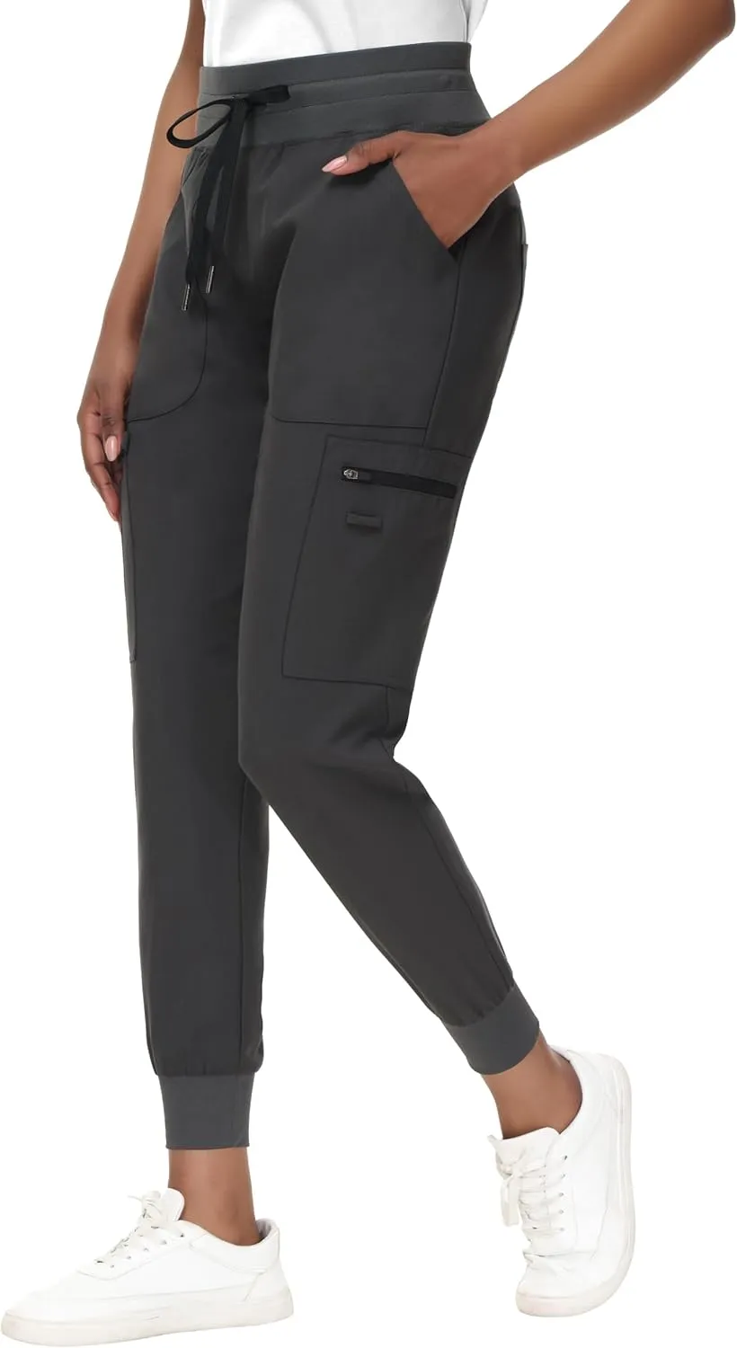 High Waisted Jogger Style Scrub Pants for Women - 8 Pockets Medical Bottoms Tapered Yoga Waistband Ribbed Ankle Cuffs