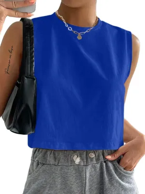 Hilinker Womens Crew Neck Loose Crop Tank Tops Workout Casual Sleeveless T-Shirt