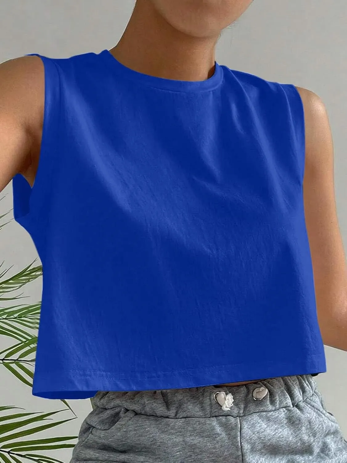 Hilinker Womens Crew Neck Loose Crop Tank Tops Workout Casual Sleeveless T-Shirt
