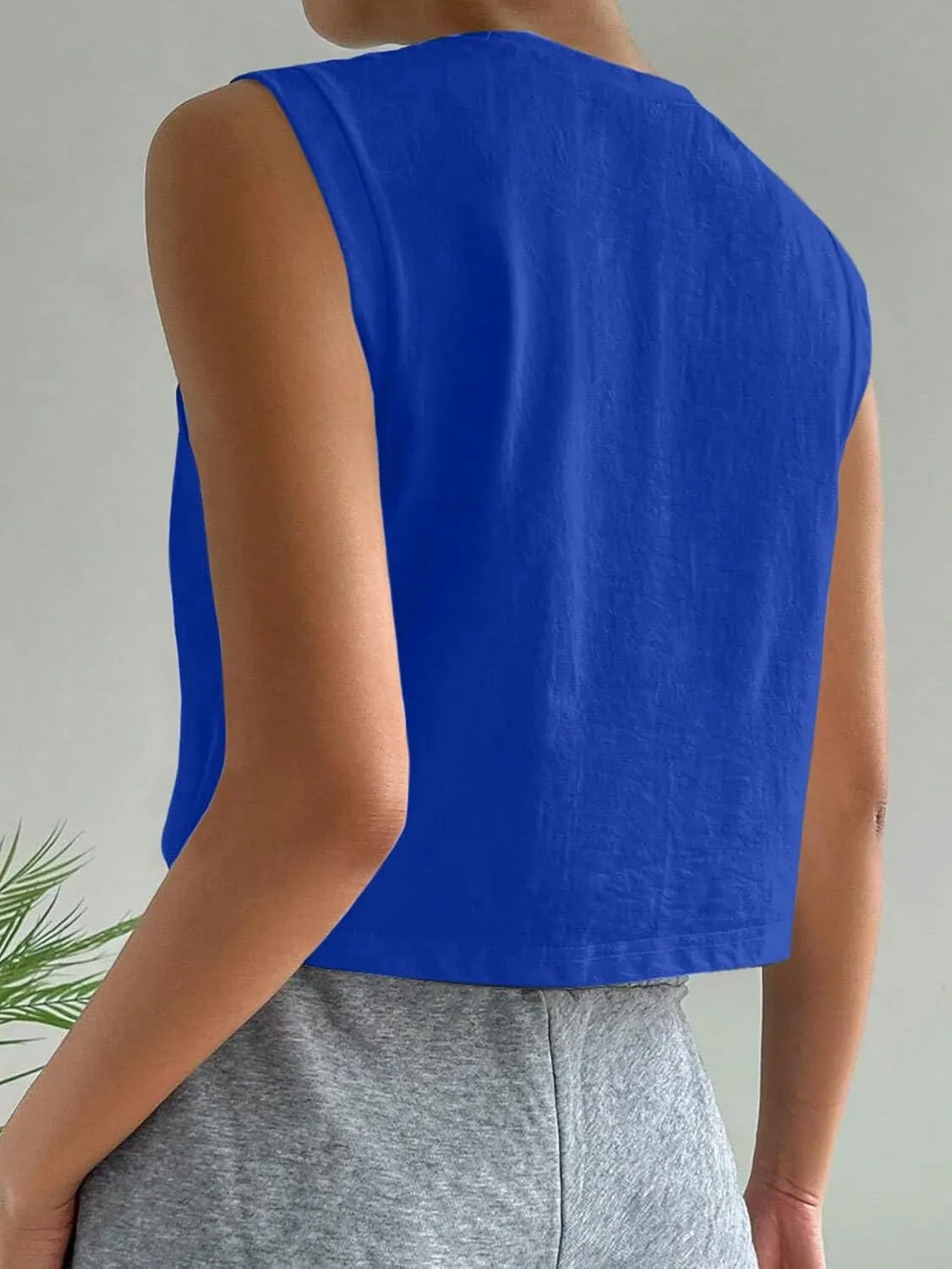Hilinker Womens Crew Neck Loose Crop Tank Tops Workout Casual Sleeveless T-Shirt