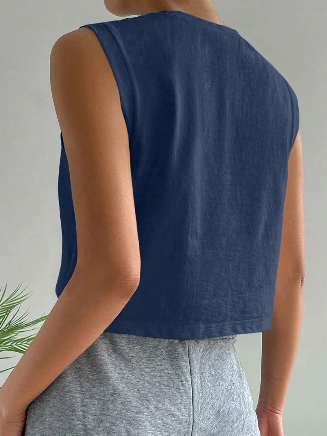 Hilinker Womens Crew Neck Loose Crop Tank Tops Workout Casual Sleeveless T-Shirt