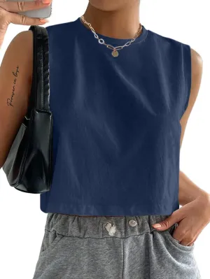 Hilinker Womens Crew Neck Loose Crop Tank Tops Workout Casual Sleeveless T-Shirt