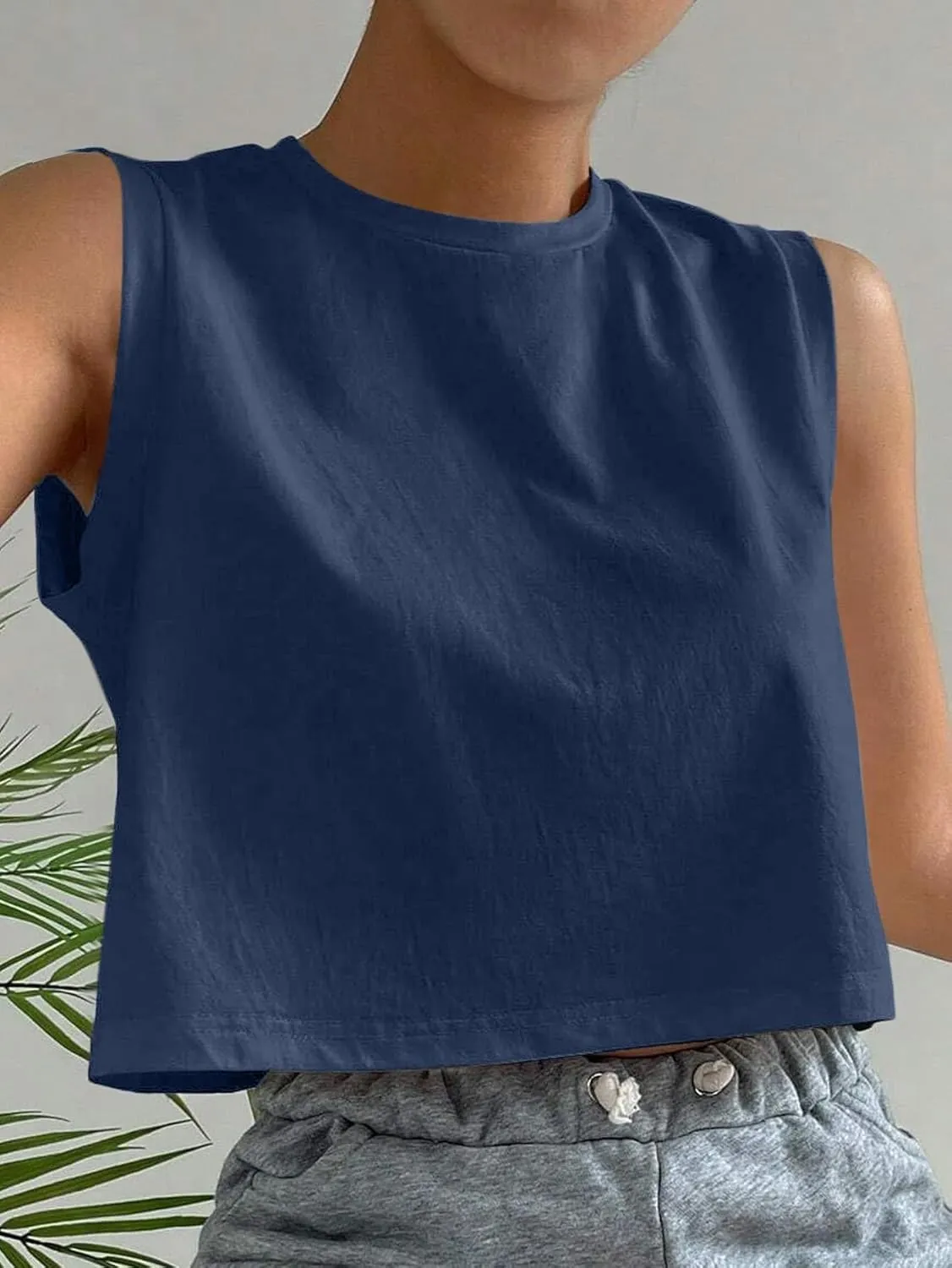 Hilinker Womens Crew Neck Loose Crop Tank Tops Workout Casual Sleeveless T-Shirt