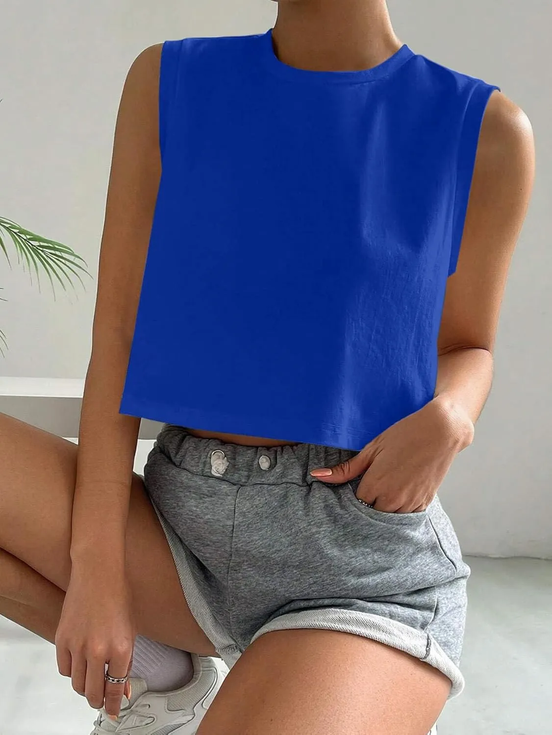 Hilinker Womens Crew Neck Loose Crop Tank Tops Workout Casual Sleeveless T-Shirt