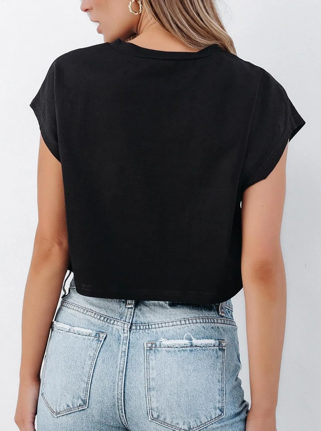 Hilinker Women's Graphic Cap Sleeve Crop Tops Summer Casual Crew Neck T Shirts Loose Fit Basic Tees