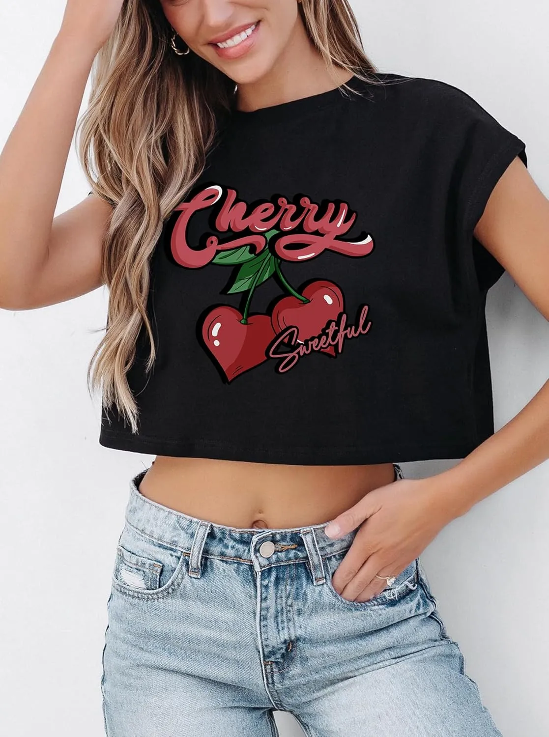 Hilinker Women's Graphic Cap Sleeve Crop Tops Summer Casual Crew Neck T Shirts Loose Fit Basic Tees