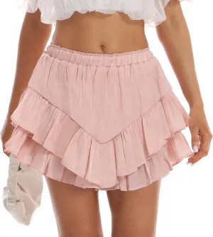 HOKOYI Women's Casual Pleated Skater Mini Skirt Cute Smocked Ruffle Flowy Layer A Line Skater Skort Tennis Athletic Shorts
