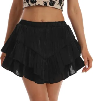 HOKOYI Women's Casual Pleated Skater Mini Skirt Cute Smocked Ruffle Flowy Layer A Line Skater Skort Tennis Athletic Shorts
